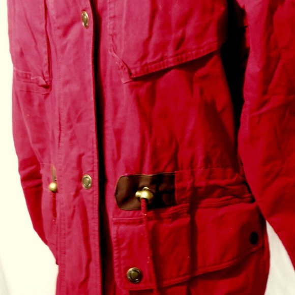 OUTBROOK Insulated Winter Parka Trench Coat Jacket L Red Quilted Fleece Denim - Picture 5 of 8